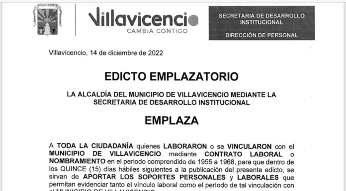ALCALDÍA DE VILLAVICENCIO ESTÁ BUSCANDO A LAS PERSONAS QUE TRABAJARON ALLÍ ENTRE 1955 Y 1968 PARA ACTUALIZAR INFORMACIÓN EN PLATAFORMA DE MINHACIENDA